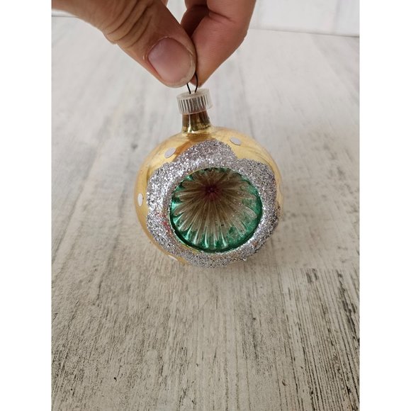 Vintage Austria yellow reflector ball vintage ornament polka dot glitter silver - Picture 1 of 9